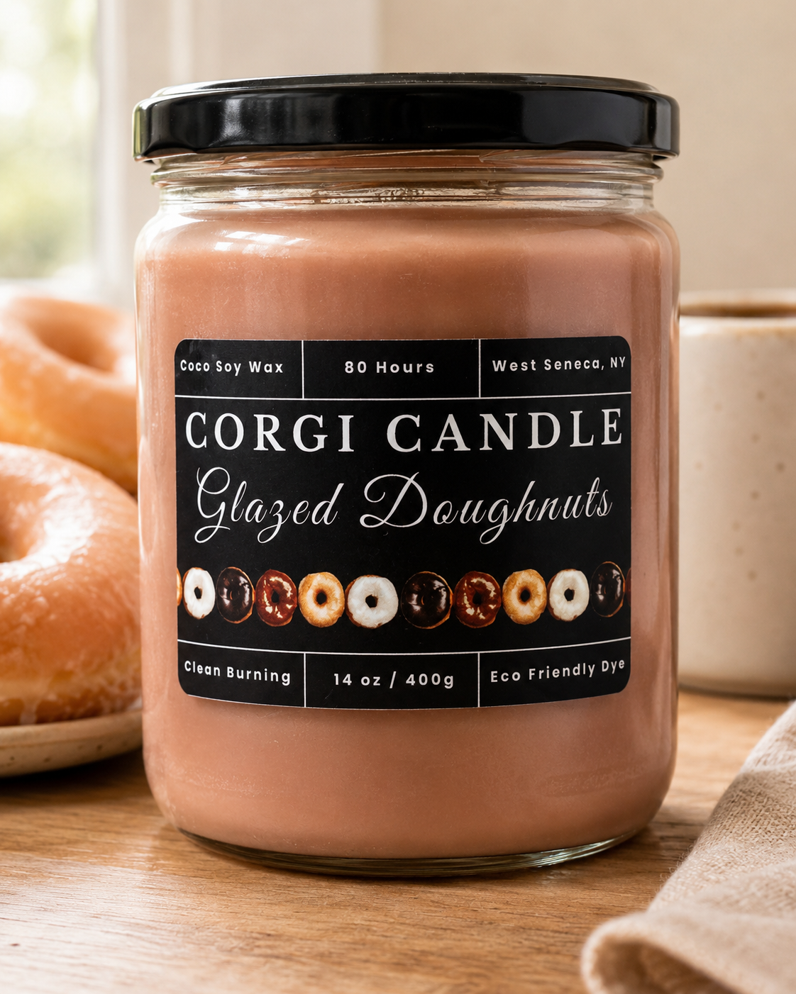CORGI CANDLE 14 oz Glazed Doughnuts soy and coconut wax candle with glazed doughnuts, coffee mug, and warm bakery-style background