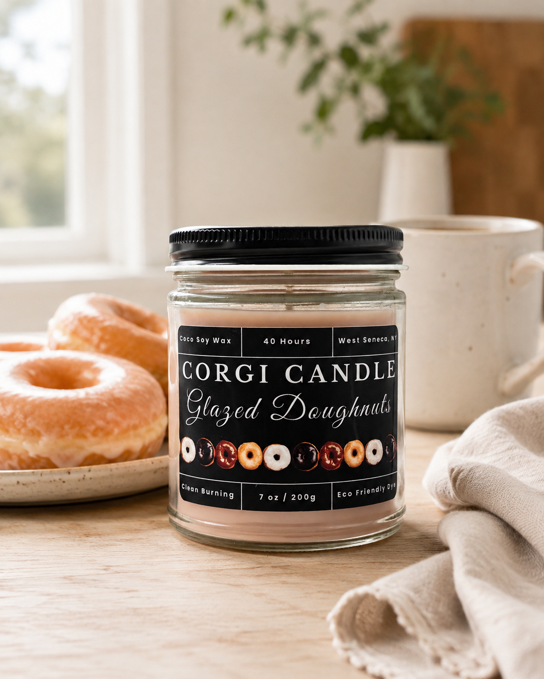 CORGI CANDLE 7 oz Glazed Doughnuts soy and coconut wax candle beside glazed doughnuts and a coffee mug on a warm kitchen counter.