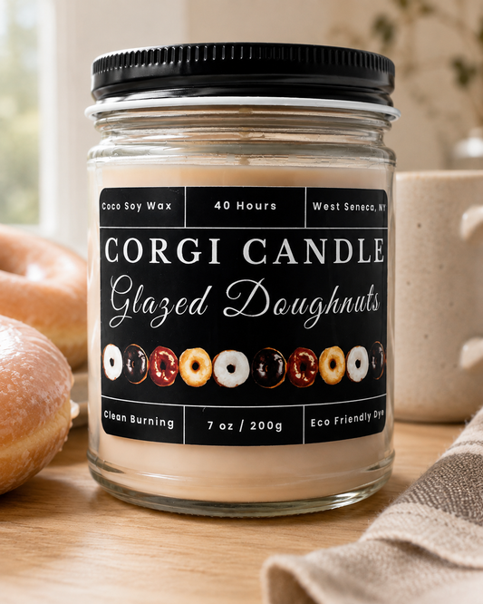 CORGI CANDLE 7 oz Glazed Doughnuts soy and coconut wax candle beside glazed doughnuts and a coffee mug on a warm kitchen counter.