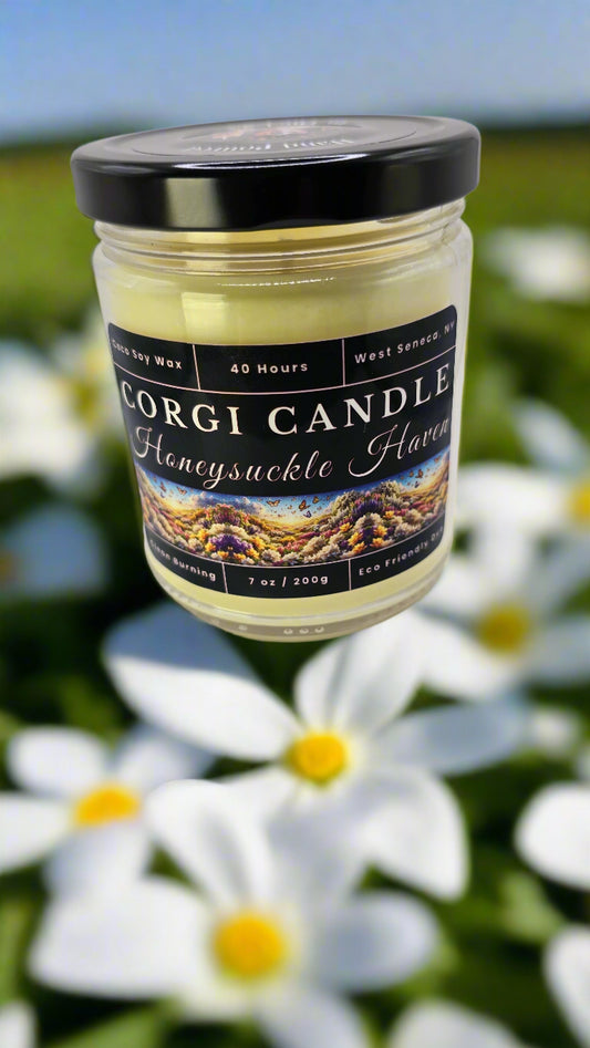 Honeysuckle Haven 7 oz soy candle in a glass jar, hand-poured by CORGI CANDLE with notes of honeysuckle, jasmine, and soft white woods.