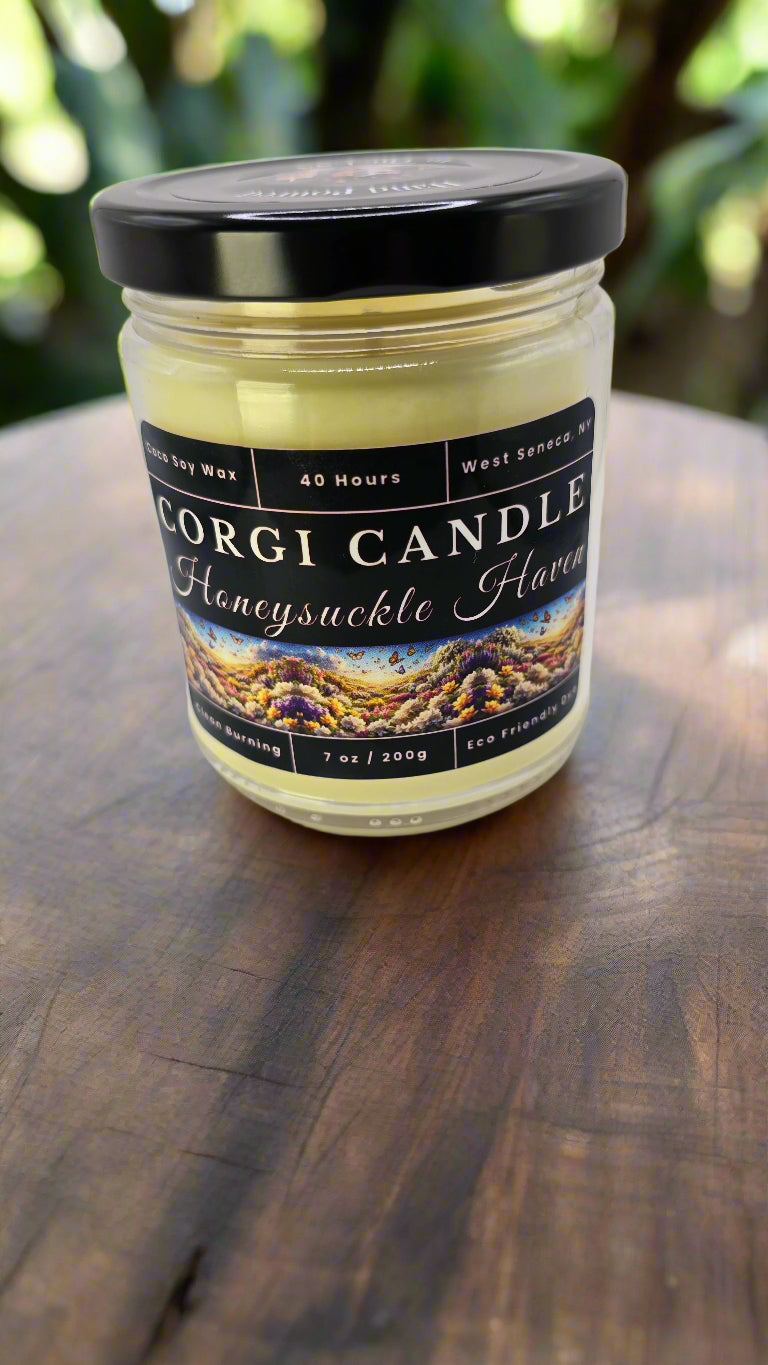 Honeysuckle Haven 7 oz soy candle in a glass jar, hand-poured by CORGI CANDLE with notes of honeysuckle, jasmine, and soft white woods.