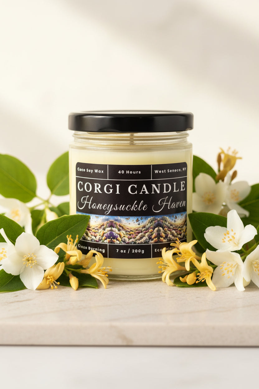 Honeysuckle Haven 7 oz soy scented candle by CORGI CANDLE in clear glass jar, honeysuckle and jasmine floral fragrance, eco-friendly candle hand poured in West Seneca New York