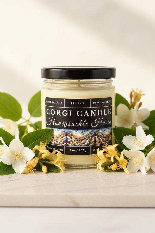 Honeysuckle Haven 7 oz soy scented candle by CORGI CANDLE in clear glass jar, honeysuckle and jasmine floral fragrance, eco-friendly candle hand poured in West Seneca New York