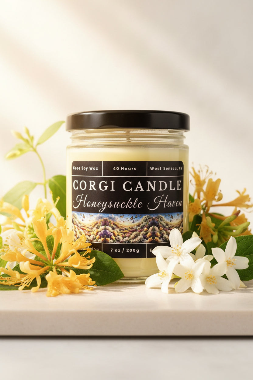 Honeysuckle Haven 7 oz soy scented candle by CORGI CANDLE in clear glass jar, honeysuckle and jasmine floral fragrance, eco-friendly candle hand poured in West Seneca New York