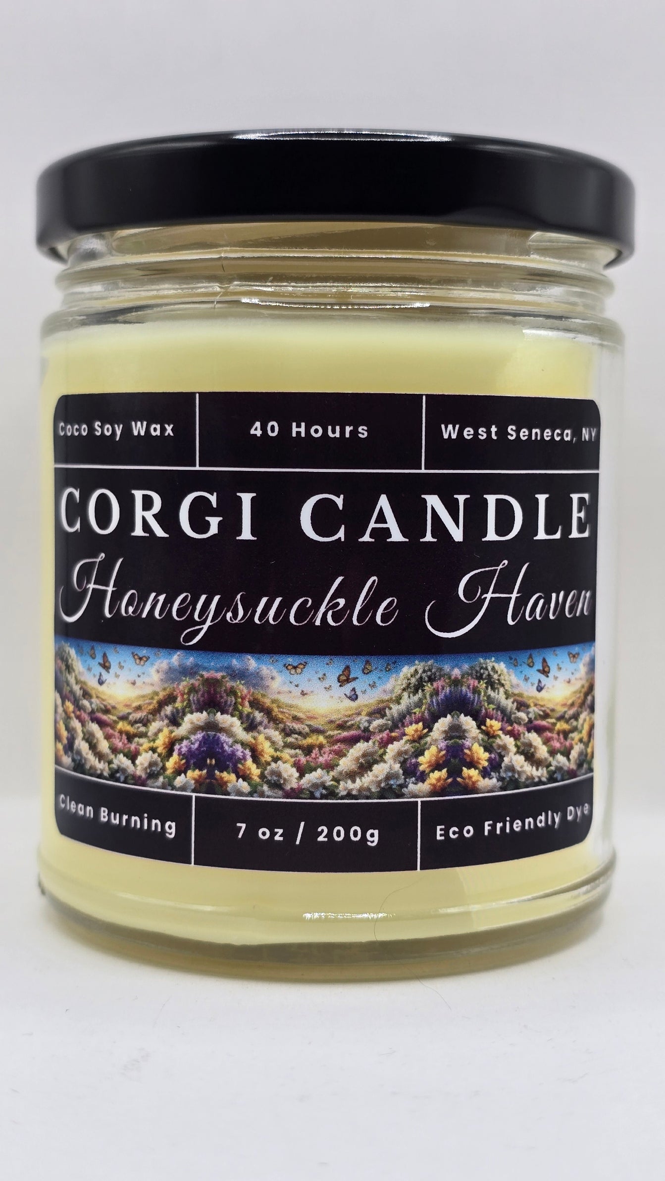 Honeysuckle Haven 7 oz soy scented candle by CORGI CANDLE in clear glass jar, honeysuckle and jasmine floral fragrance, eco-friendly candle hand poured in West Seneca New York