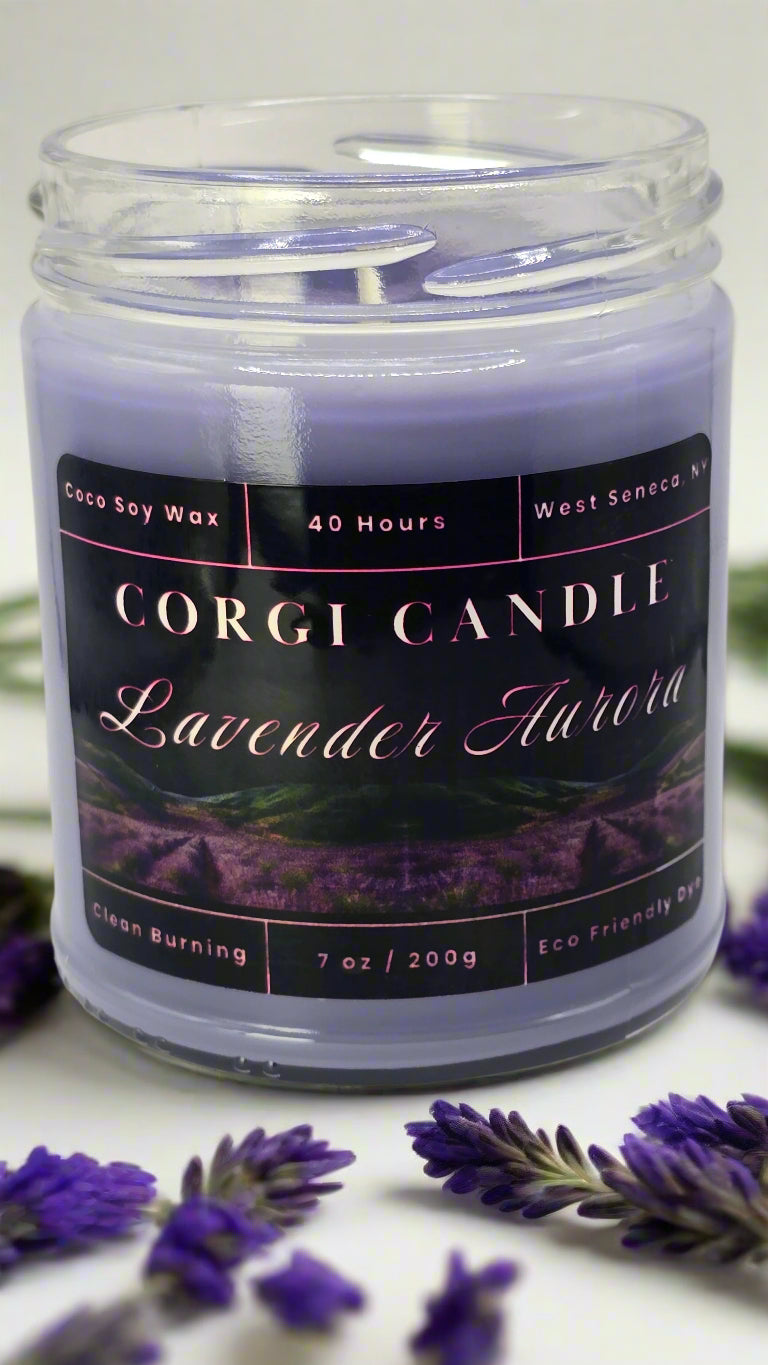 Aurora lavender soy candle in glass jar, hand-poured natural wax, eco-friendly and calming aromatherapy candle for relaxation.
