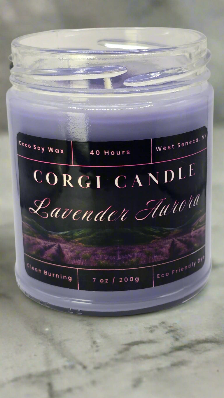 Aurora lavender soy candle in glass jar, hand-poured natural wax, eco-friendly and calming aromatherapy candle for relaxation.