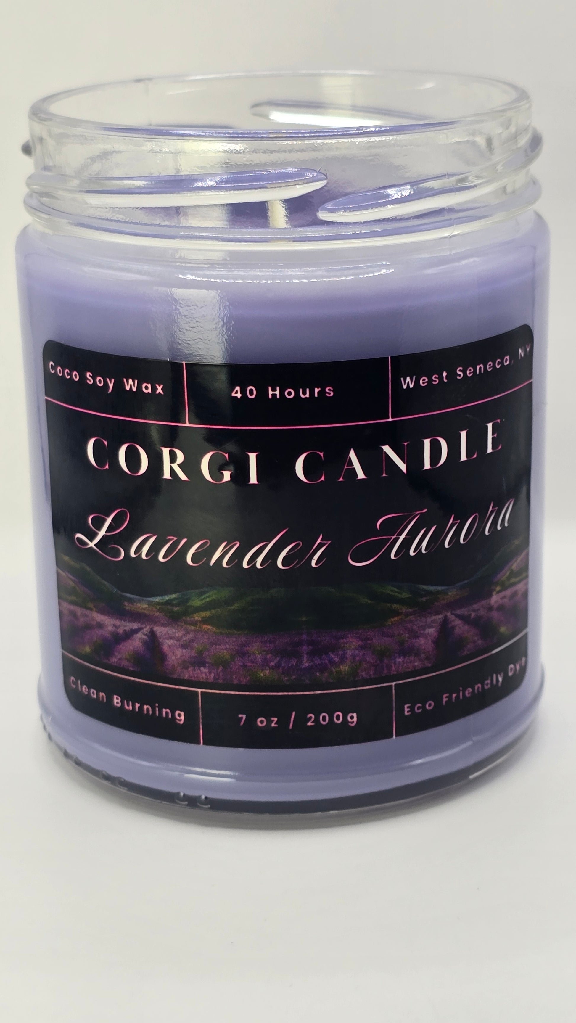 Aurora lavender soy candle in glass jar, hand-poured natural wax, eco-friendly and calming aromatherapy candle for relaxation.