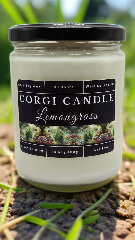 Lemongrass 14 oz soy candle by CORGI CANDLE in reusable glass jar, hand-poured with natural bug-repelling essential oils and eco-friendly ingredients