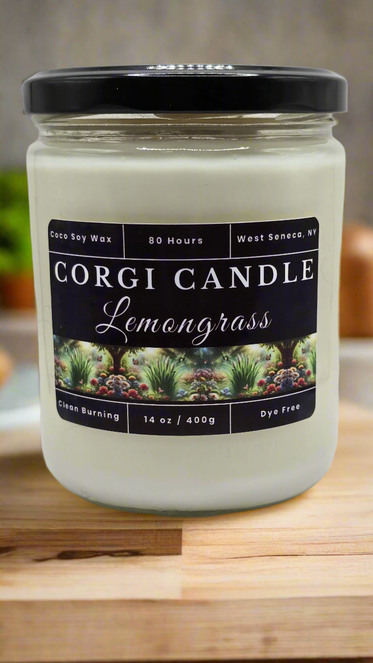 Lemongrass 14 oz soy candle by CORGI CANDLE in reusable glass jar, hand-poured with natural bug-repelling essential oils and eco-friendly ingredients