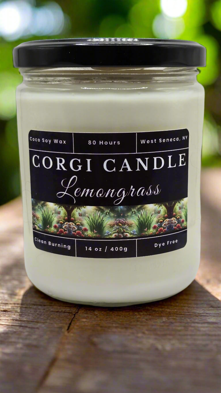 Lemongrass 14 oz soy candle by CORGI CANDLE in reusable glass jar, hand-poured with natural bug-repelling essential oils and eco-friendly ingredients
