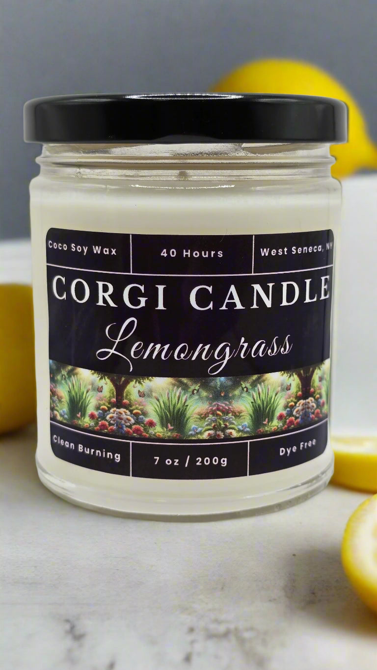 Lemongrass 7 oz soy candle by CORGI CANDLE with bright citrus scent and eco-friendly ingredients in reusable glass jar