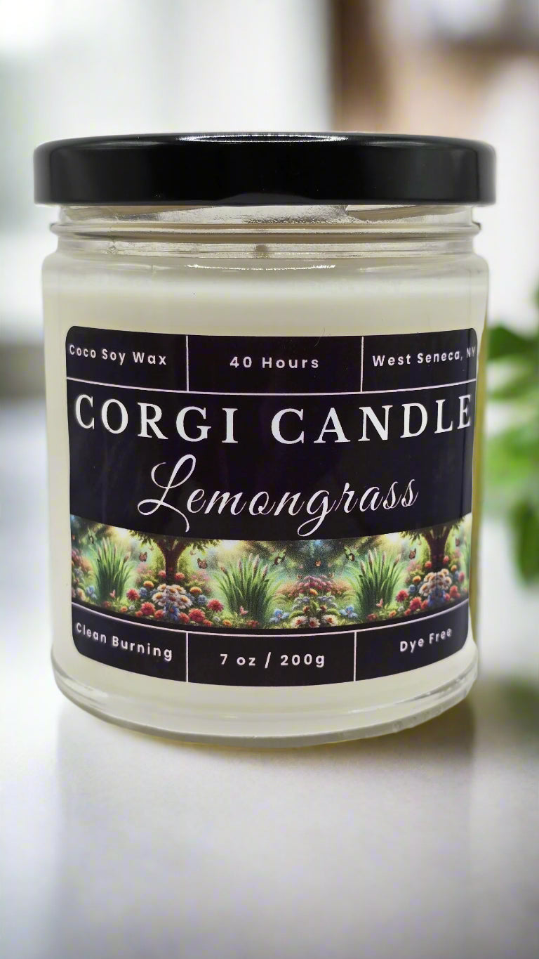 Lemongrass 7 oz soy candle by CORGI CANDLE with bright citrus scent and eco-friendly ingredients in reusable glass jar
