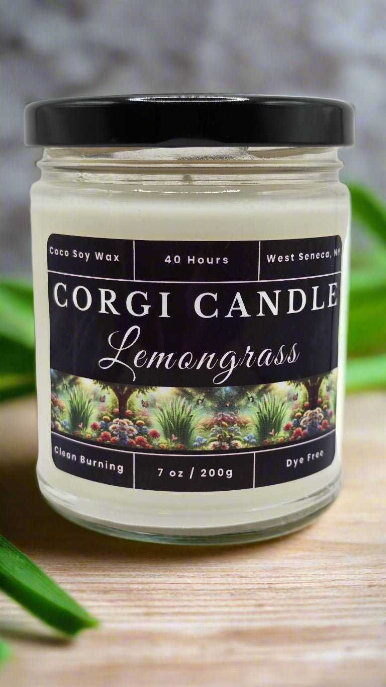 Lemongrass 7 oz soy candle by CORGI CANDLE with bright citrus scent and eco-friendly ingredients in glass jar