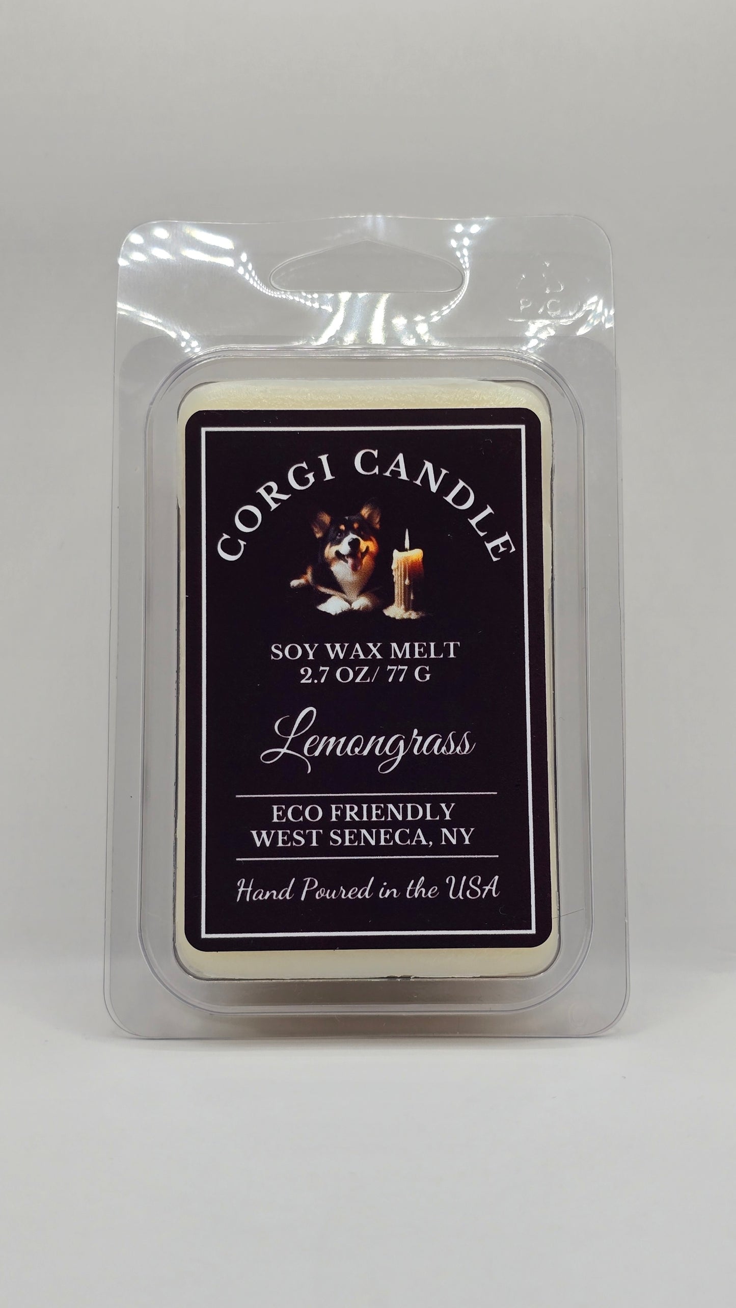 Lemongrass soy wax melt made with eco-friendly wax by CORGI CANDLE. Front view of package.