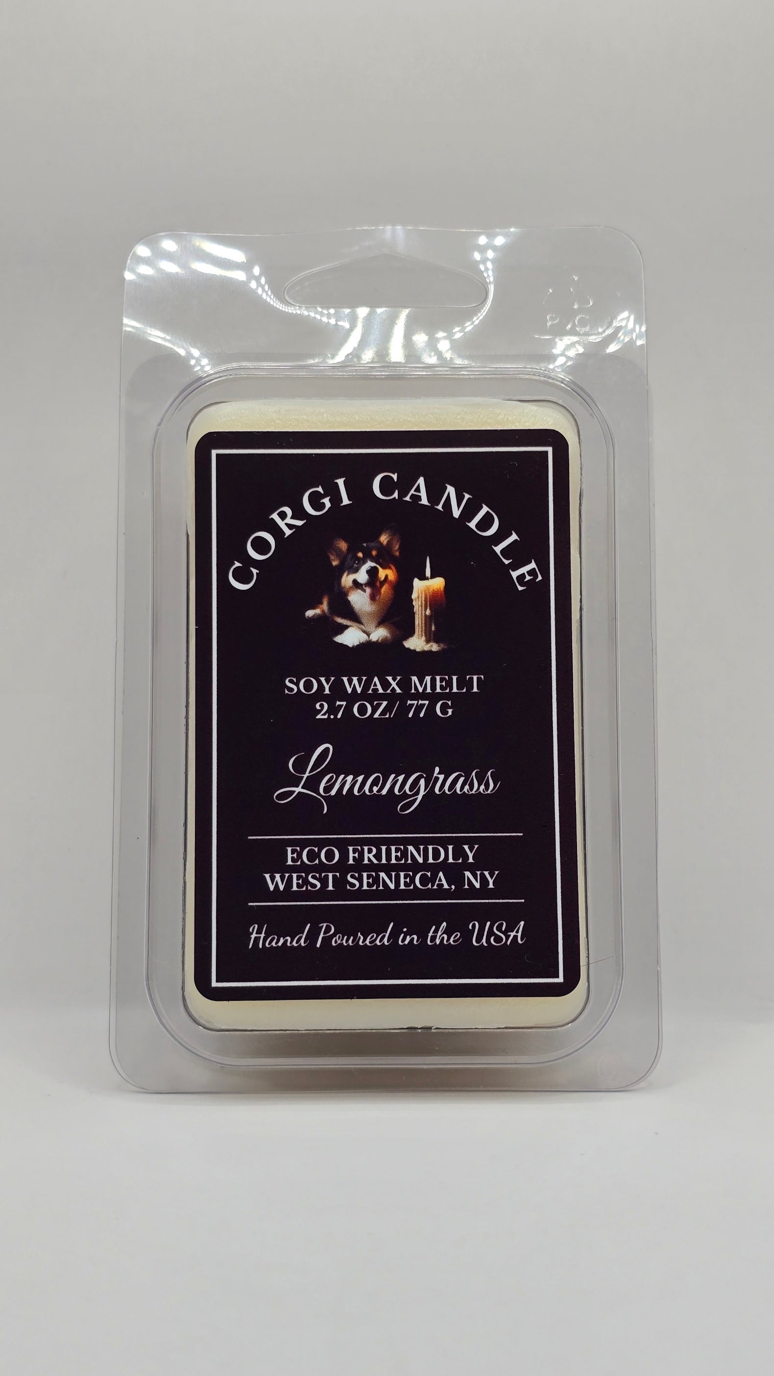 Lemongrass soy wax melt made with eco-friendly wax by CORGI CANDLE. Front view of package.