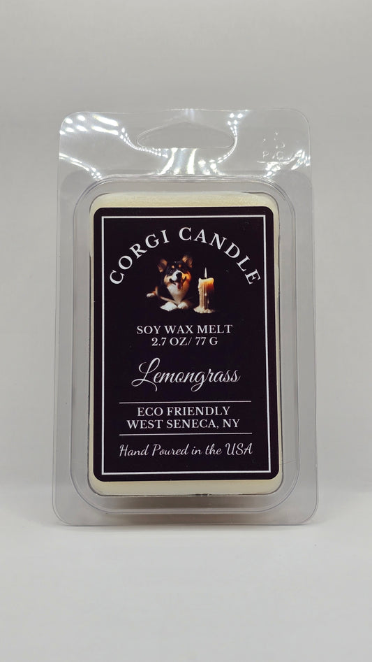 Lemongrass soy wax melt made with eco-friendly wax by CORGI CANDLE. Front view of package.