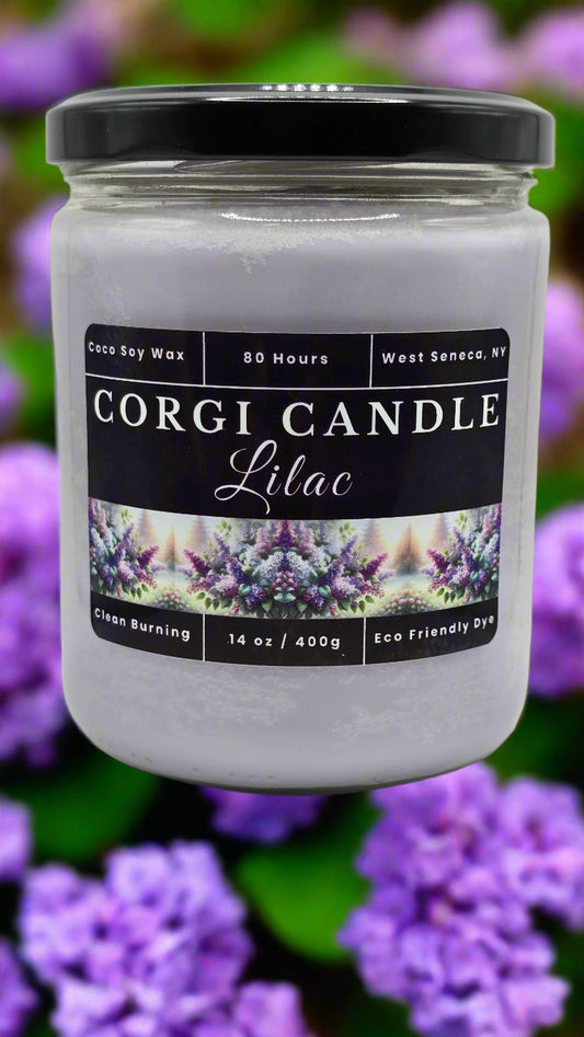 Lilac 14 oz soy candle by CORGI CANDLE in reusable glass jar with soft floral scent and eco-friendly ingredients