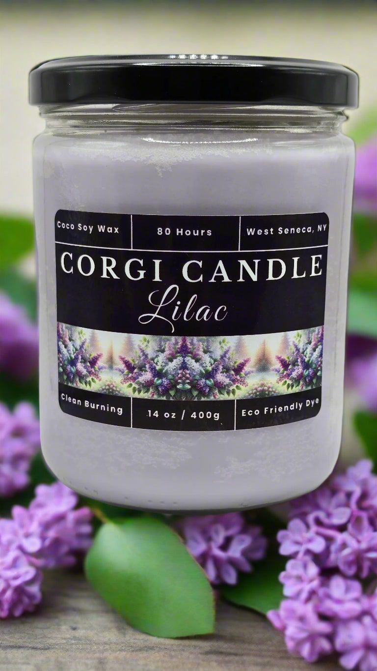 Lilac 14 oz soy candle by CORGI CANDLE in reusable glass jar with soft floral scent and eco-friendly ingredients