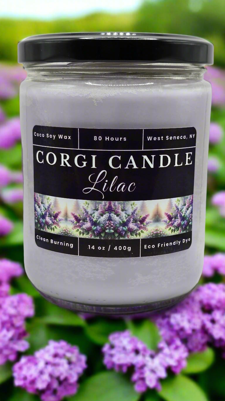 Lilac 14 oz soy candle by CORGI CANDLE in reusable glass jar with soft floral scent and eco-friendly ingredients