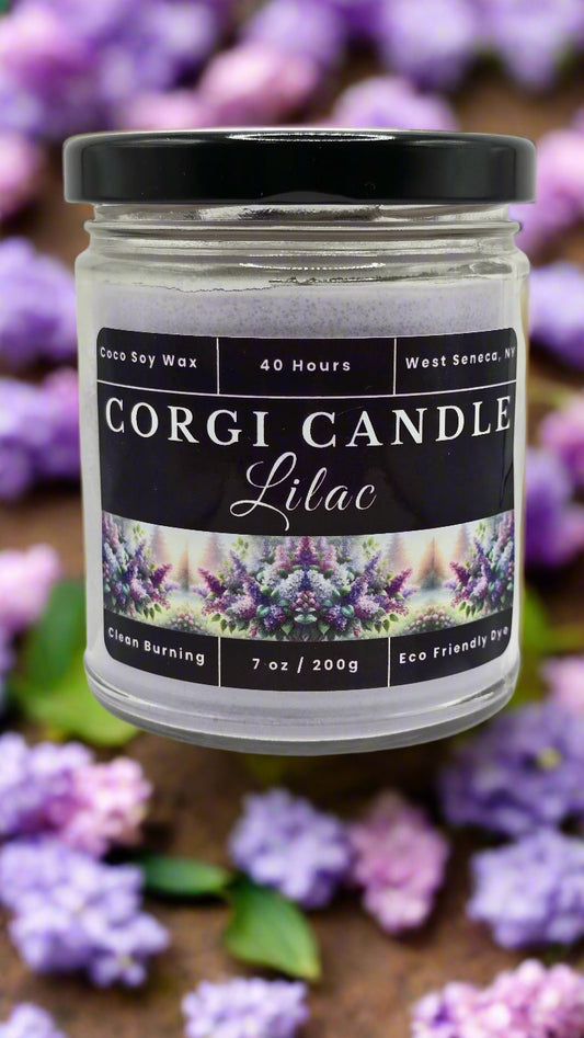 Lilac 7 oz soy candle by CORGI CANDLE in reusable glass jar with soft floral scent and eco-friendly ingredients