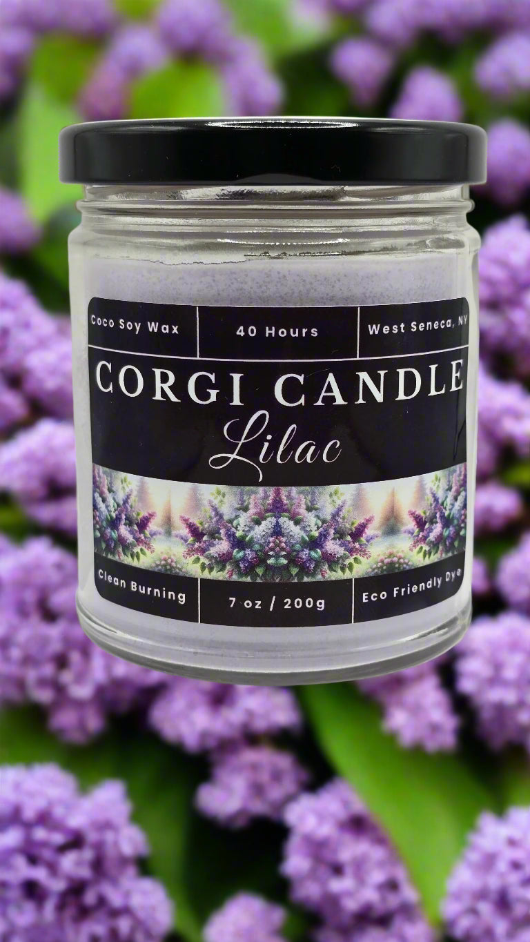 Lilac 7 oz soy candle by CORGI CANDLE in reusable glass jar with soft floral scent and eco-friendly ingredients