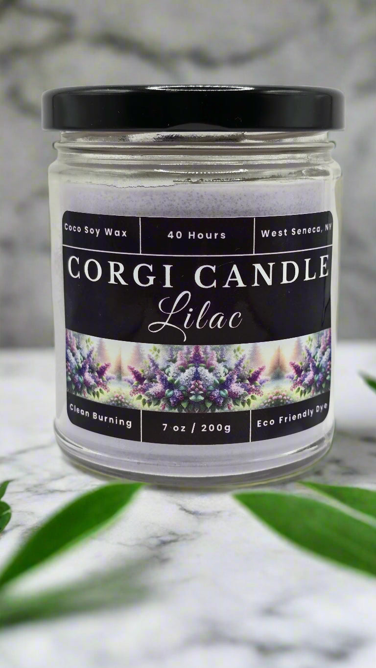 Lilac 7 oz soy candle by CORGI CANDLE in reusable glass jar with soft floral scent and eco-friendly ingredients
