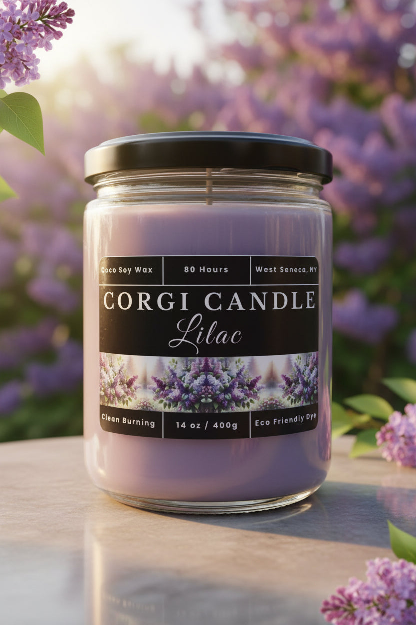 Lilac 14 oz soy scented candle by CORGI CANDLE in clear glass jar, floral lilac fragrance candle, eco-friendly candle hand poured in West Seneca New York