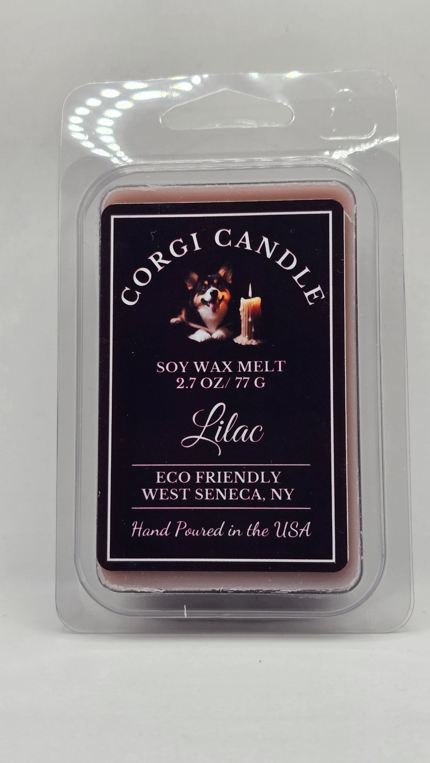 Lilac soy wax melt by CORGI CANDLE in clear clamshell packaging with black label, 2.7 oz hand-poured in West Seneca, NY.