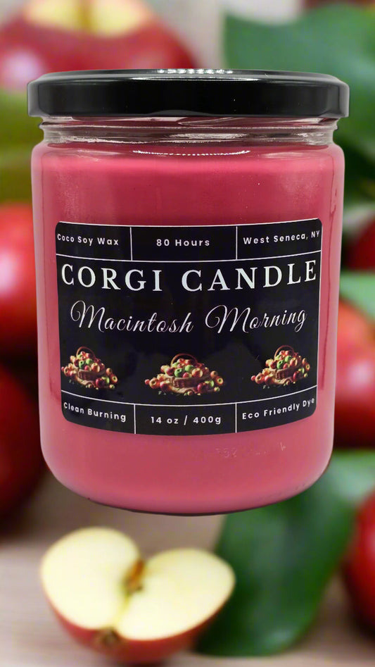 Macintosh Morning 14 oz soy candle by CORGI CANDLE in reusable glass jar with fresh apple scent and eco-friendly ingredients