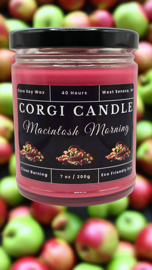 Macintosh Morning 7 oz soy candle by CORGI CANDLE in reusable glass jar with fresh apple and cinnamon scent

