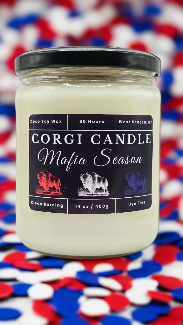 Mafia Season 14 oz soy scented candle made with eco-friendly wax by CORGI CANDLE