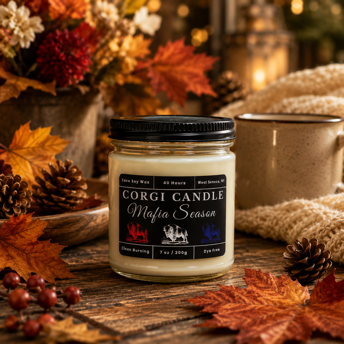 CORGI CANDLE Mafia Season 7 oz coco soy wax candle displayed on a rustic wooden table with cozy autumn décor, fall leaves, pinecones, warm lighting, and a seasonal coffee mug.
