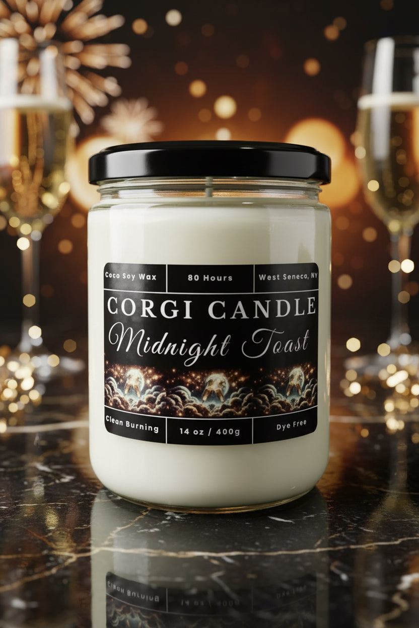 Midnight Toast 14 oz soy scented candle by CORGI CANDLE in clear glass jar, champagne inspired luxury fragrance candle, eco-friendly candle hand poured in West Seneca New York