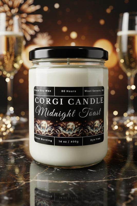 Midnight Toast 14 oz soy scented candle by CORGI CANDLE in clear glass jar, champagne inspired luxury fragrance candle, eco-friendly candle hand poured in West Seneca New York