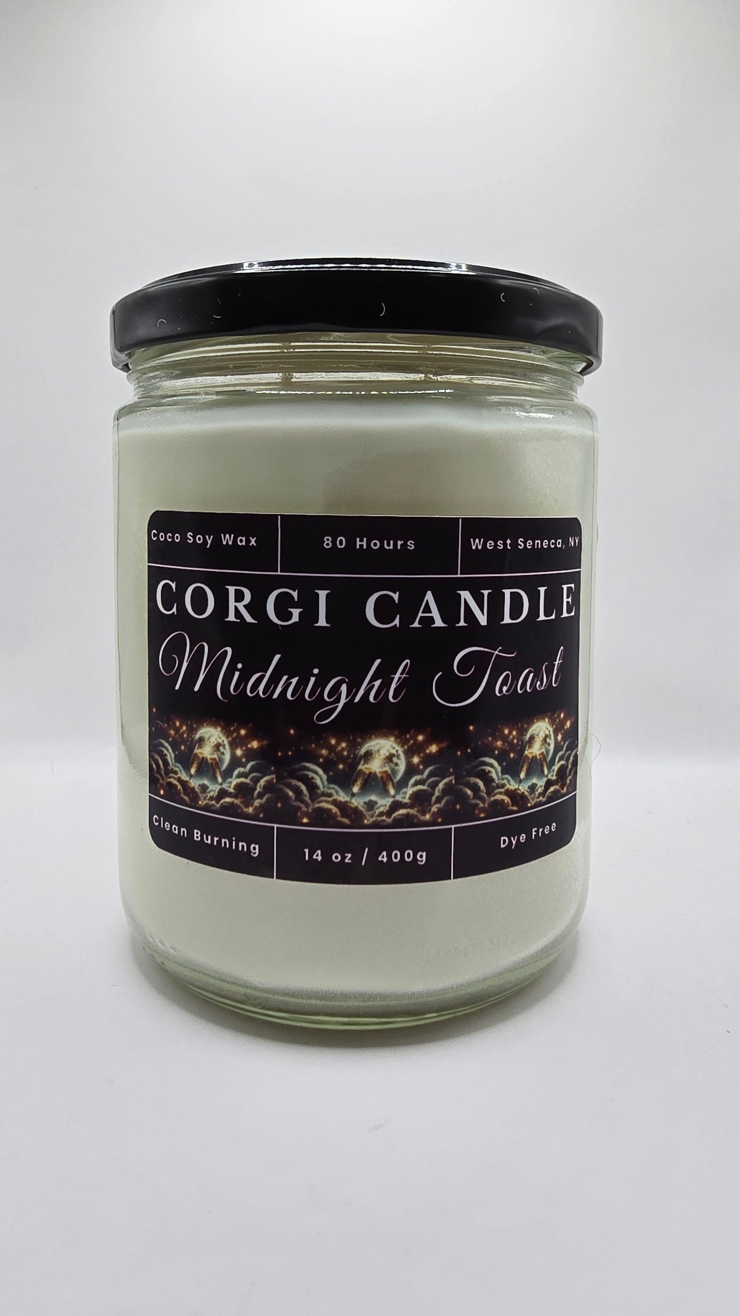 Midnight Toast 14 oz soy scented candle by CORGI CANDLE in clear glass jar, champagne inspired luxury fragrance candle, eco-friendly candle hand poured in West Seneca New York