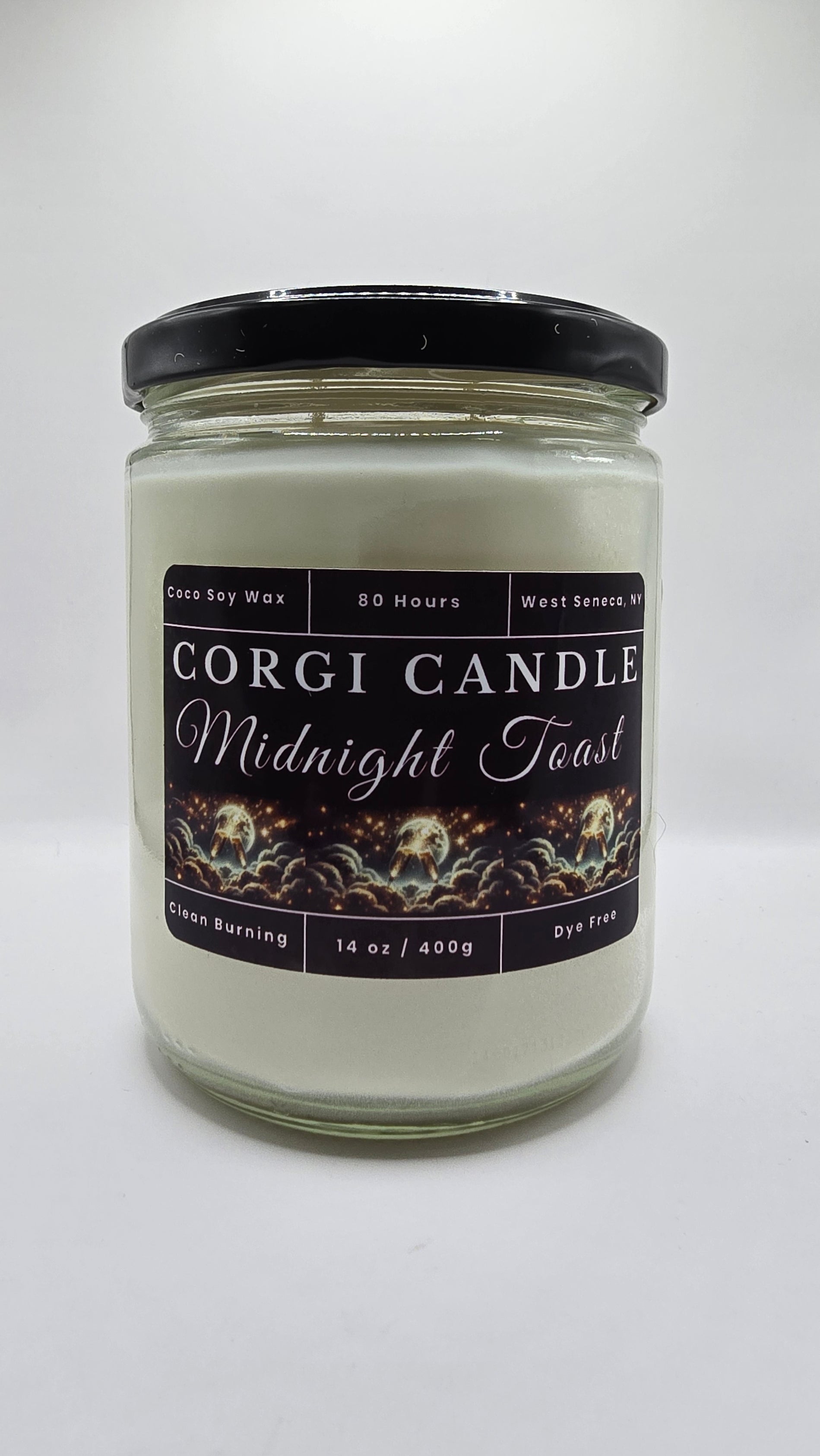 Midnight Toast 14 oz soy scented candle by CORGI CANDLE in clear glass jar, champagne inspired luxury fragrance candle, eco-friendly candle hand poured in West Seneca New York