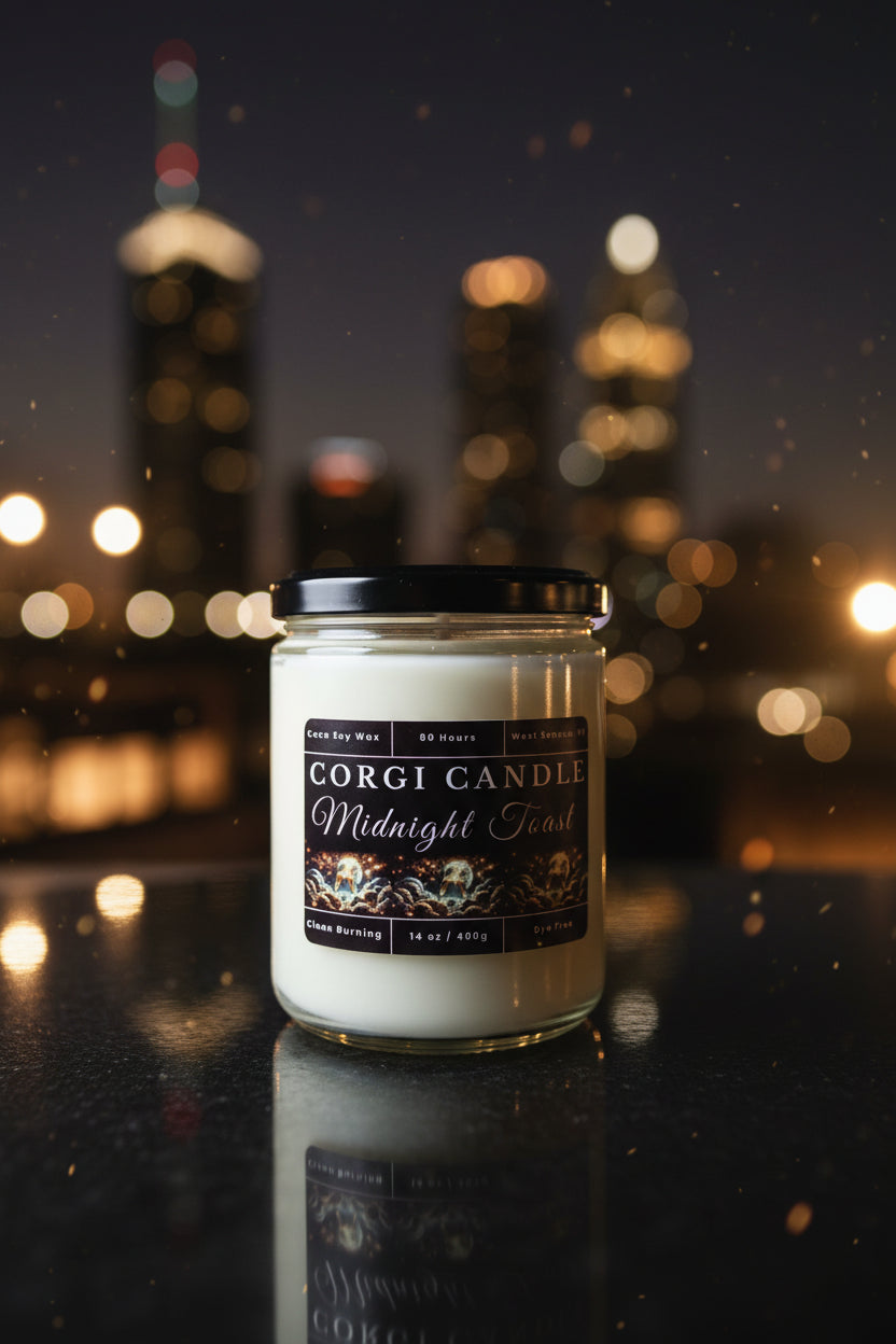 Midnight Toast 14 oz soy scented candle by CORGI CANDLE in clear glass jar, champagne inspired luxury fragrance candle, eco-friendly candle hand poured in West Seneca New York
