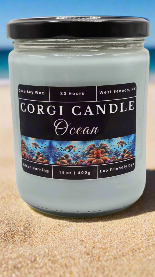 Ocean 14 oz soy candle by CORGI CANDLE in reusable glass jar with fresh sea-inspired scent and eco-friendly ingredients