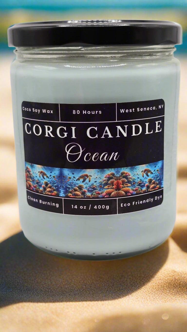 Ocean 14 oz soy candle by CORGI CANDLE in reusable glass jar with fresh sea-inspired scent and eco-friendly ingredients