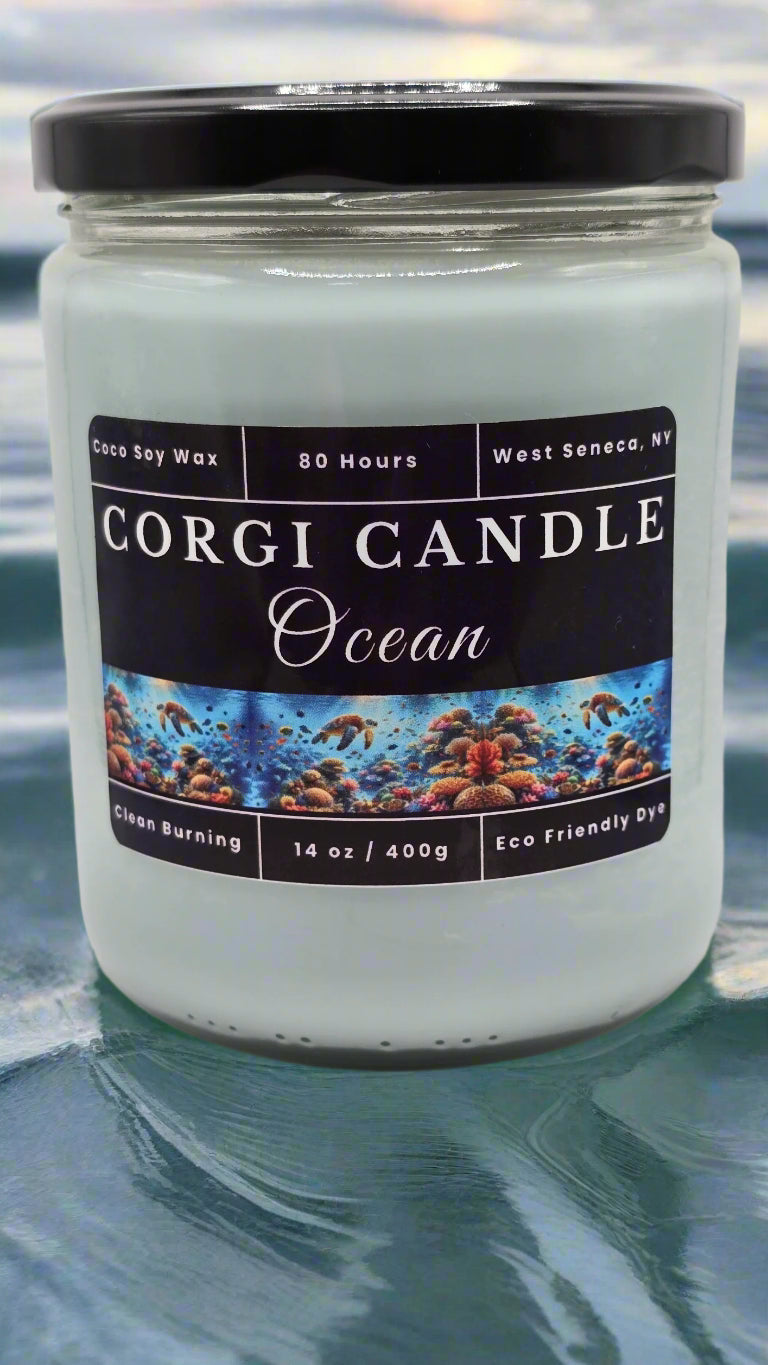 Ocean 14 oz soy candle by CORGI CANDLE in reusable glass jar with fresh sea-inspired scent and eco-friendly ingredients
