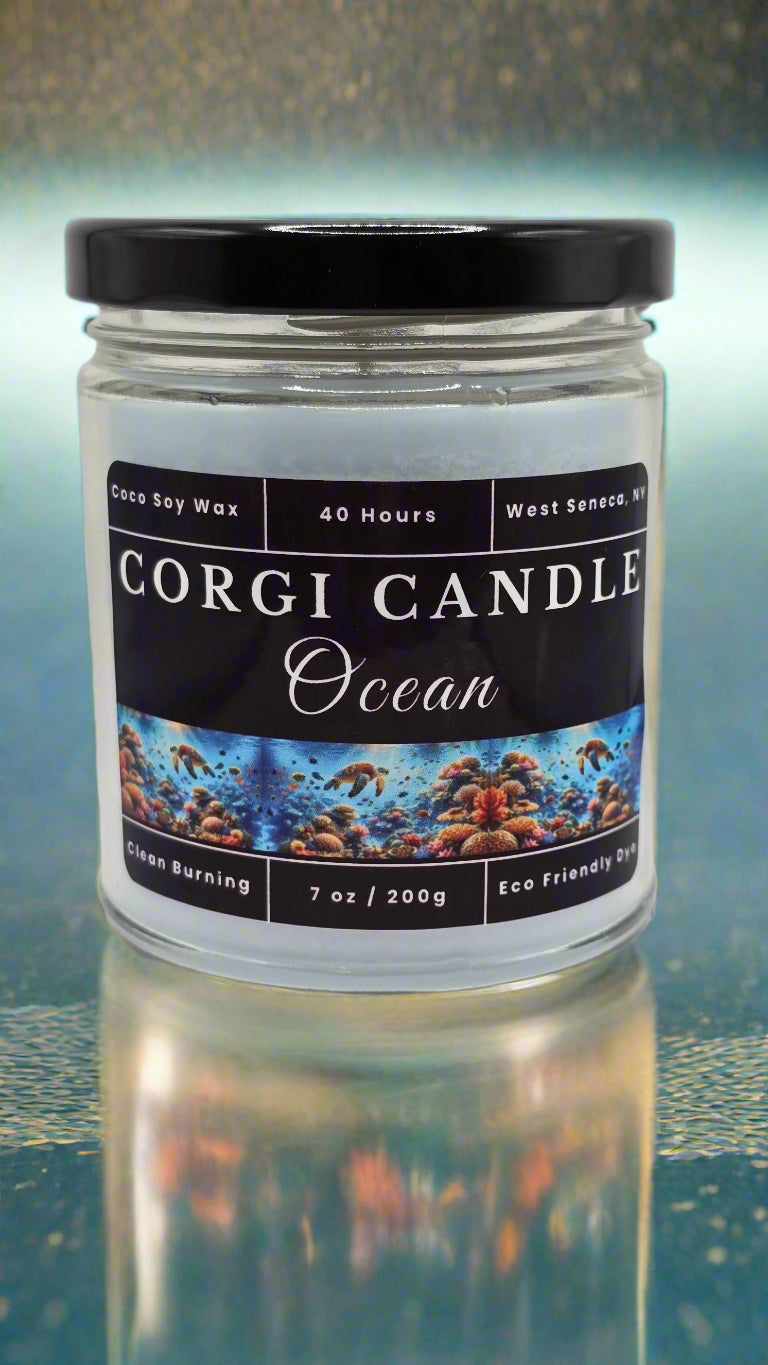 Ocean 7 oz soy candle by CORGI CANDLE in reusable glass jar with fresh sea-inspired scent and eco-friendly ingredients
