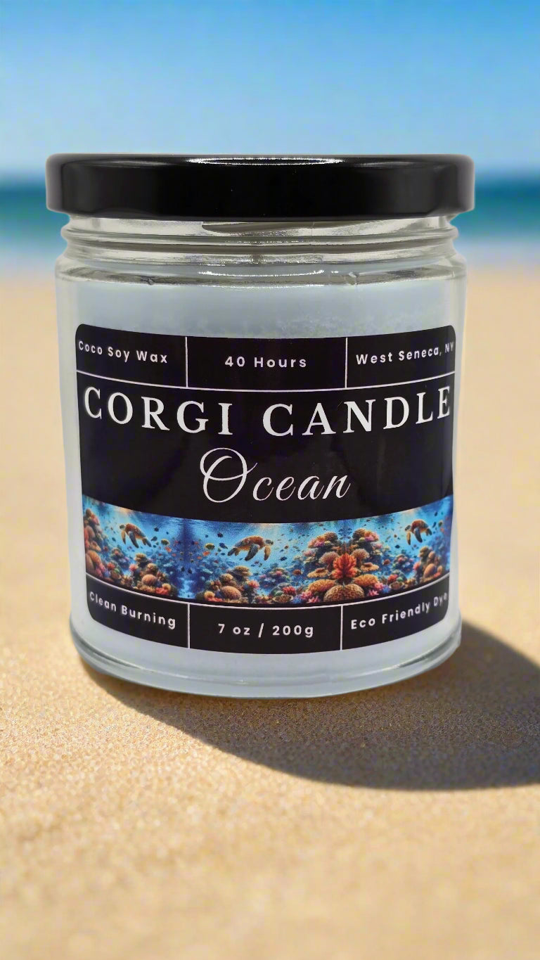 Ocean 7 oz soy candle by CORGI CANDLE in reusable glass jar with fresh sea-inspired scent and eco-friendly ingredients