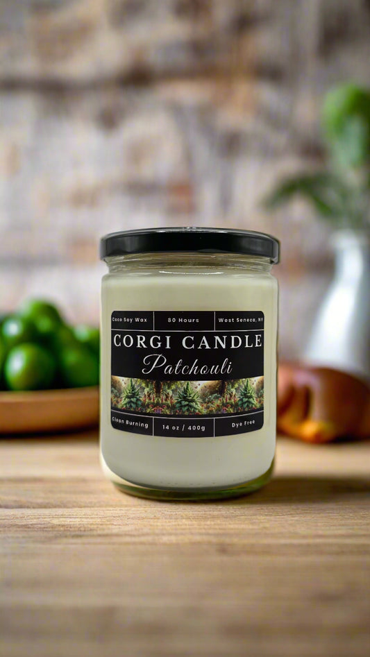 Patchouli 14 oz soy scented candle made with eco-friendly wax by CORGI CANDLE.