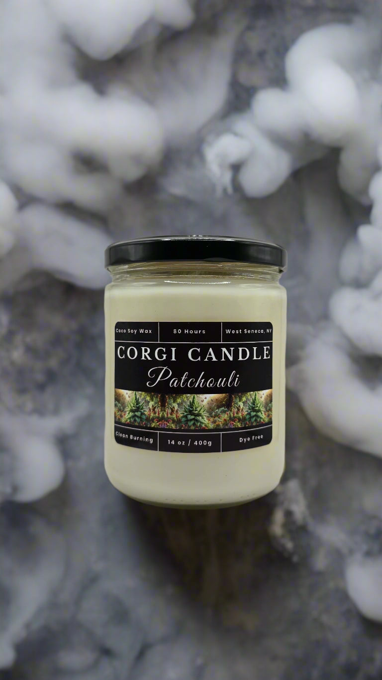 Patchouli 14 oz soy scented candle made with eco-friendly wax by CORGI CANDLE