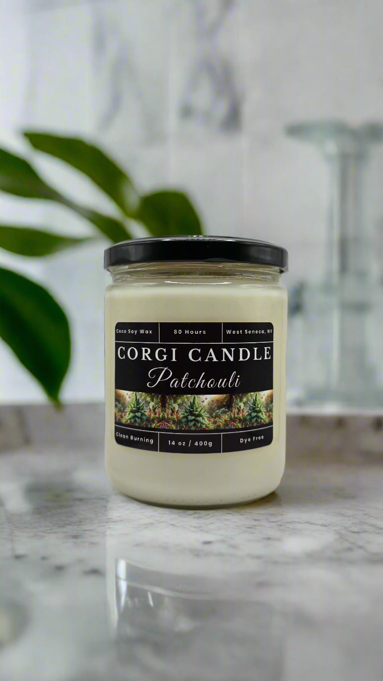 Front view of Patchouli 14 oz soy scented candle in eco-friendly glass jar