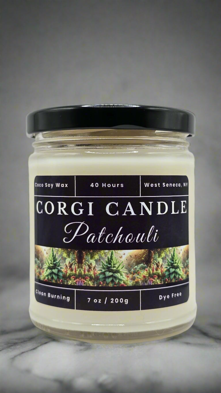 Patchouli 7 oz soy scented candle made with eco‑friendly wax by CORGI CANDLE