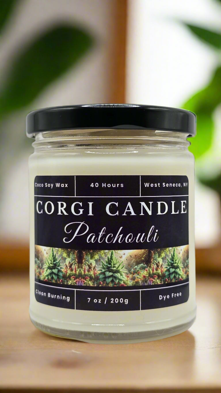 Patchouli 7 oz soy scented candle made with eco‑friendly wax by CORGI CANDLE
