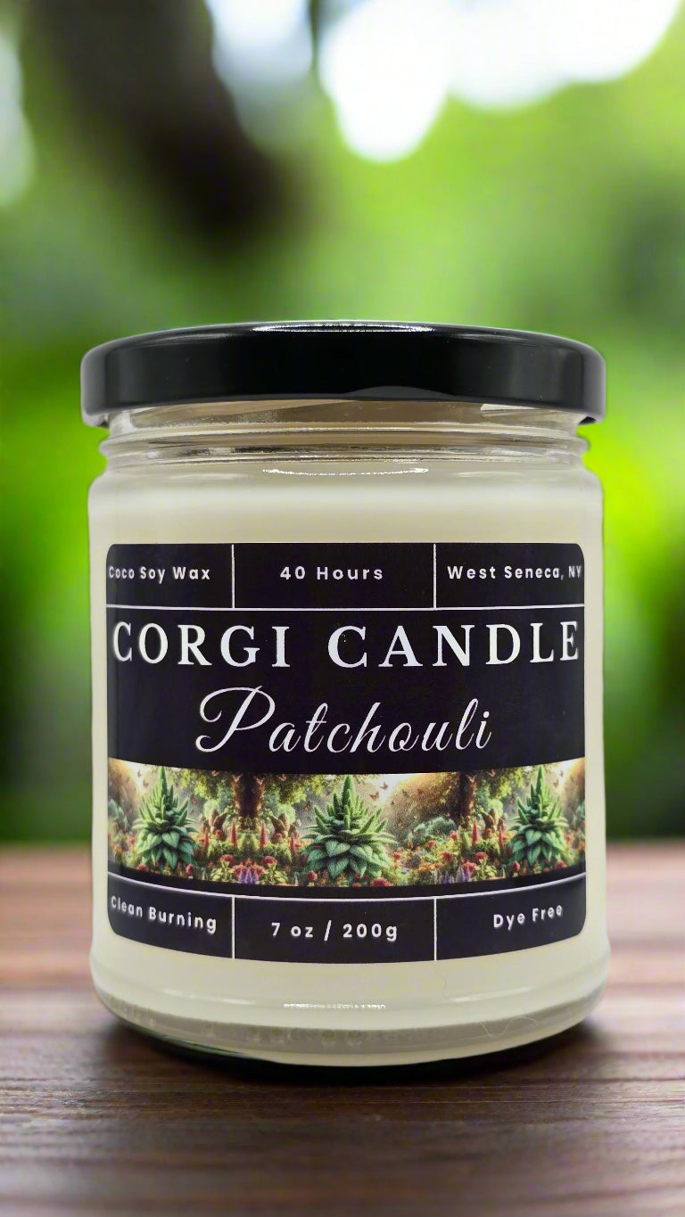 Patchouli 7 oz soy scented candle made with eco‑friendly wax by CORGI CANDLE