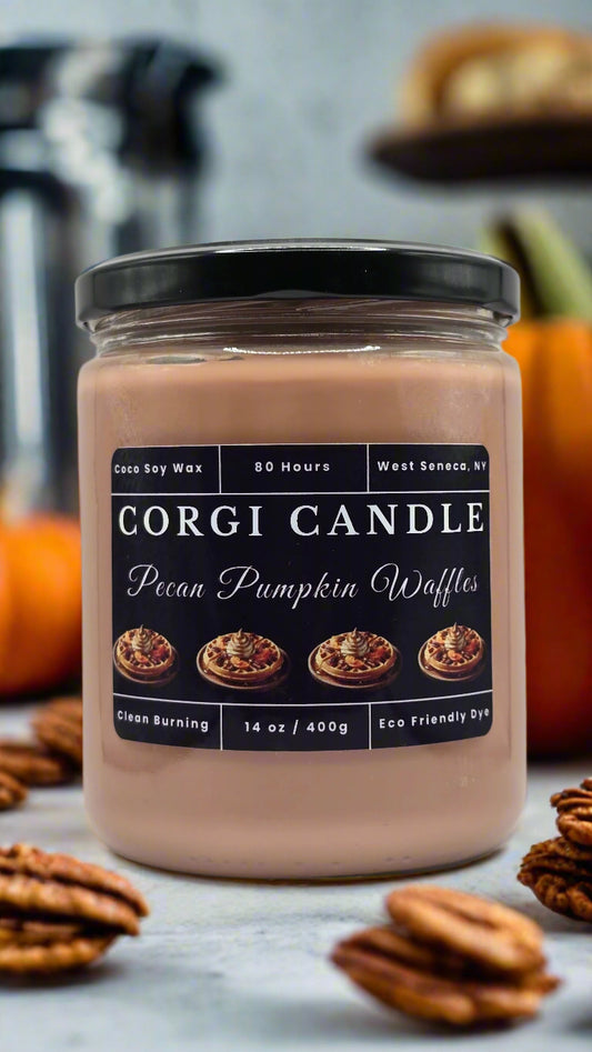 Pecan Pumpkin Waffle 14 oz soy scented candle from CORGI CANDLE, eco-friendly and hand-poured for long-lasting fragrance.
